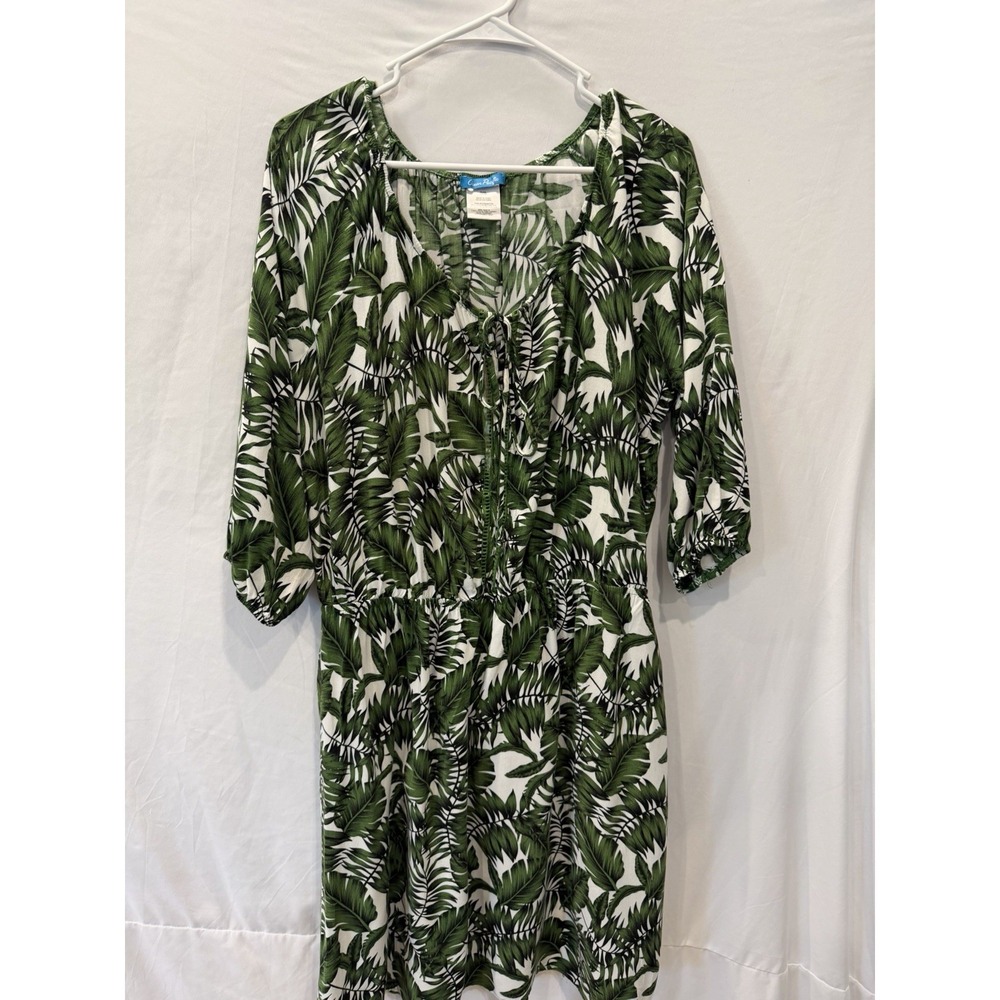 Ocean Pacific OP Palm Leaf Dress XL 16-18 Green White Tropical Boho Rayon Mini